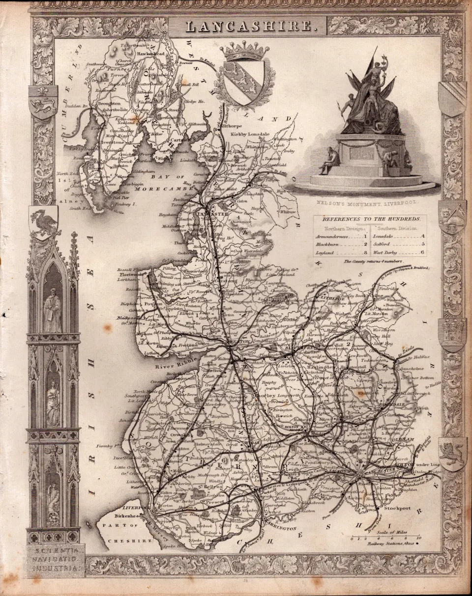 Lancashire Steel Engraved Victorian Antique Thomas Moule Map.