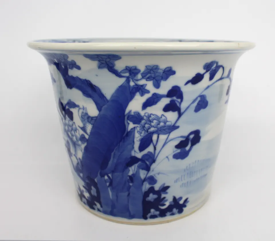 Late 19th c. Japanese Blue & White Cache Pot Jardiniere