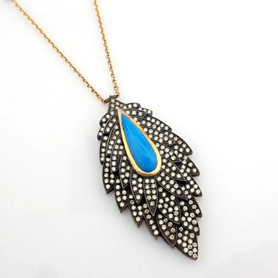 Leaf Necklace Detailed With Turquoise and 1.59 Ct Brilliant Diamonds and 18K Gold On Silver