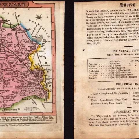 Surrey Engraved Hand Coloured George IV Antique  Map & Text.