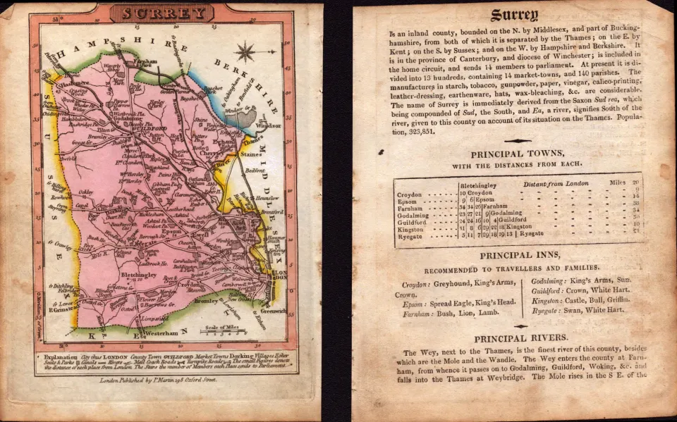 Surrey Engraved Hand Coloured George IV Antique  Map & Text.