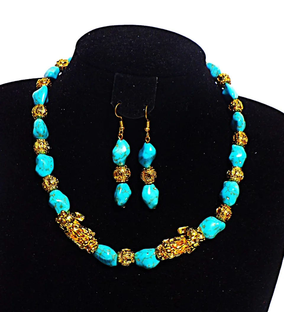 Chinese Turquoise & "Pixius" Necklace & Earrings Set
