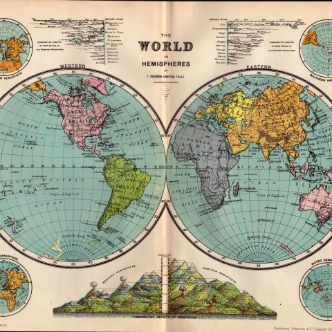 The World In Hemispheres Antique Detailed Coloured Map.