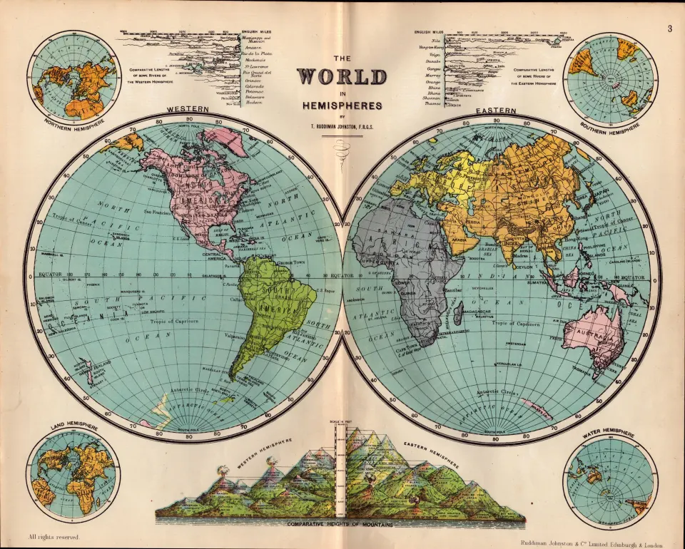 The World In Hemispheres Antique Detailed Coloured Map.