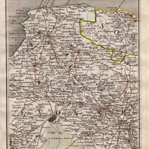 Devonshire, Somersetshire, John Cary’s Antique George III 1794 Map.