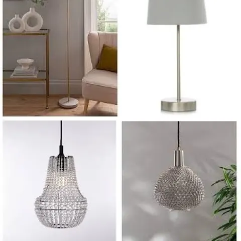 4 x Mixed Lights. 1 x Bauhaus Floor Lamp 50147095. 1 x Silver Stick Lamp 50026805. 1 x Jewelled Cha