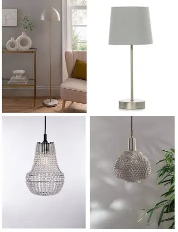4 x Mixed Lights. 1 x Bauhaus Floor Lamp 50147095. 1 x Silver Stick Lamp 50026805. 1 x Jewelled Cha