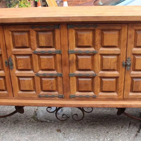 Very Heavy Large Spanish Cabinet with Geometric Panel Doors & Wrought Iron