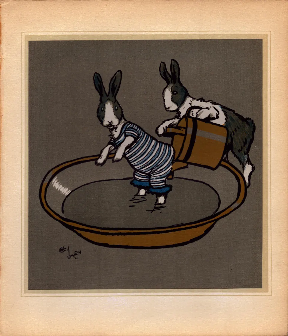 Cecil Aldin Merry Party Rare Antique Book Plate “Bath Bunnies”.