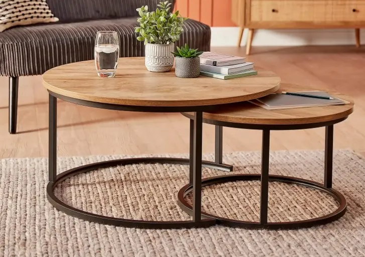 (154/1C) RRP £150. Kubu Coffee Nest Set Of 2. (Large Table: H39x Dia 77cm). (Small Table: H34.5x Di