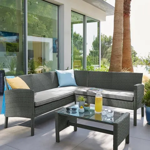 (3) RRP £599. Almeria Rattan Corner Sofa Set Grey. Dimensions: (3 Seater: H75 x W70 x D165cm, 2 Sea
