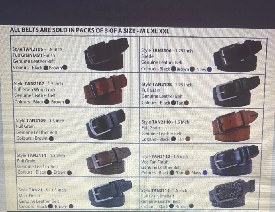 'Tanners' Men's Genuine Leather Belts -  Various Sizes - Various Colours - Various Styles