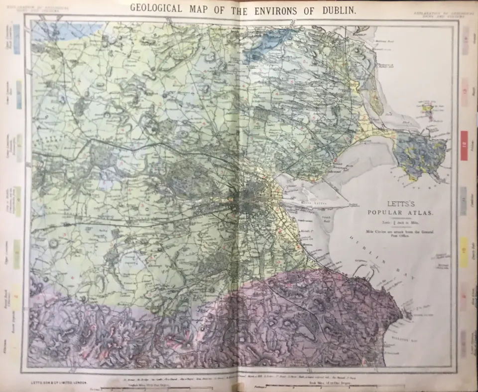 Environs Of Dublin 1884 Antique Detailed Geological Victorian Map.