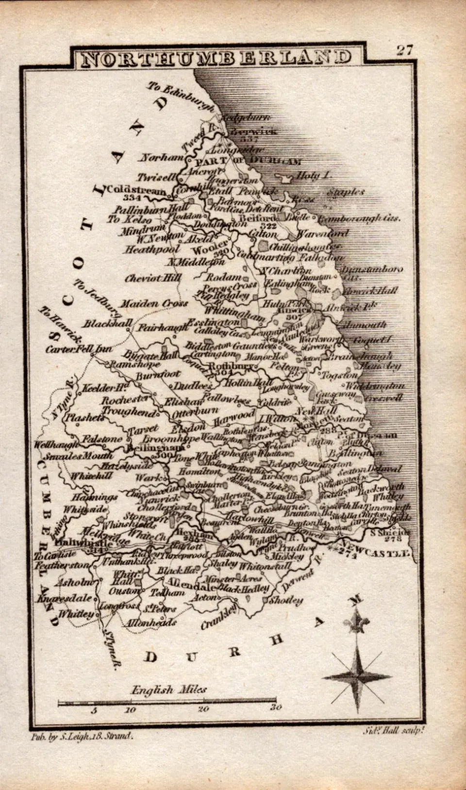 Northumberland Antique Copper Engraved George IV Map by Sidney Hall.
