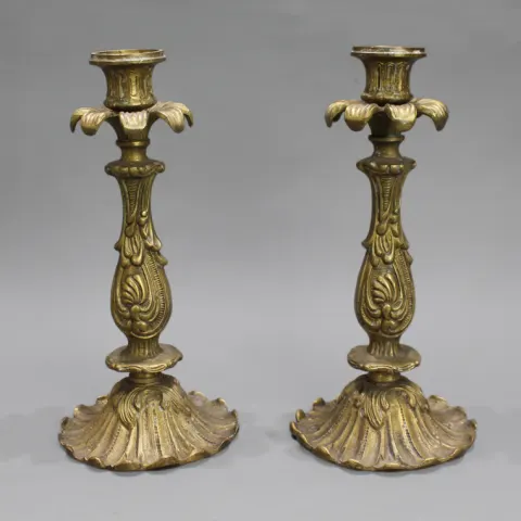 Pair of Rococo Revival Cast Brass Candlesticks – Continental c.1900