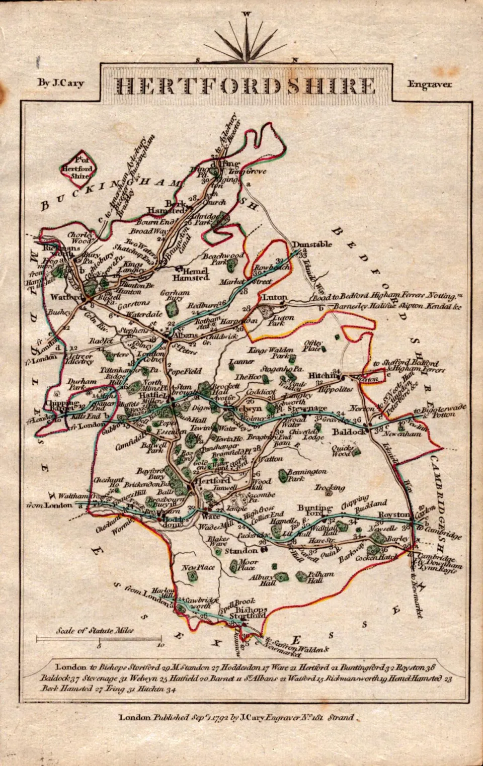 Hertfordshire John Cary’s 1792 Antique  Coloured George III Engraved Map.