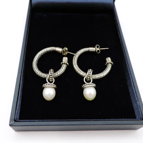 Artisan Sterling Silver Cultured Pearl Hoop Earrings New With Gift Pouch