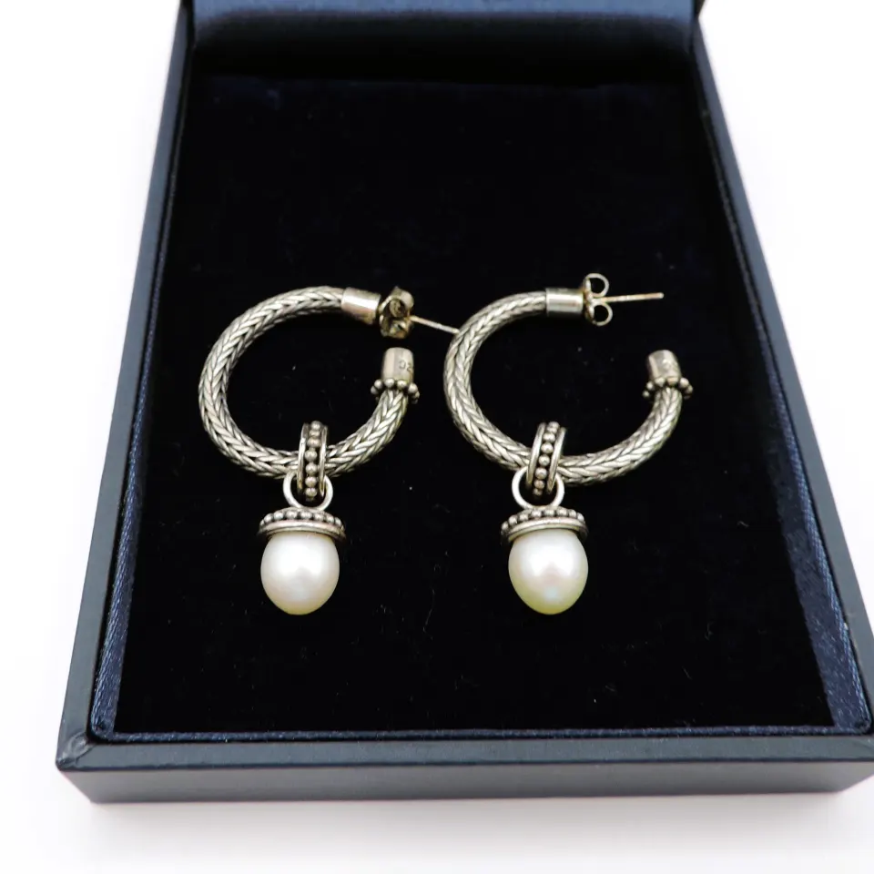 Artisan Sterling Silver Cultured Pearl Hoop Earrings New With Gift Pouch