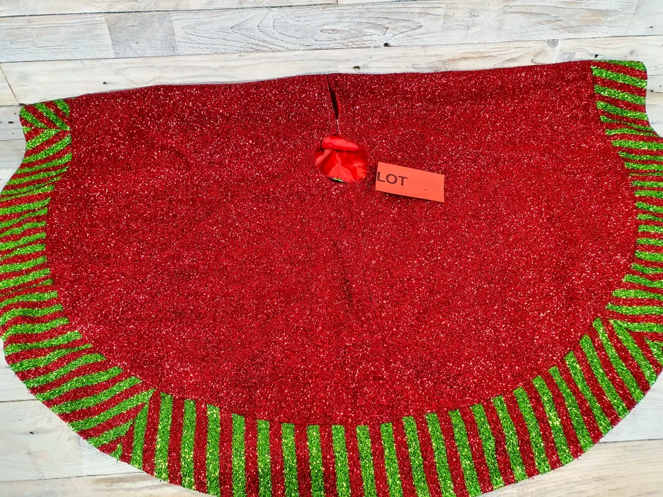 110cm round Christmas Tree skirt. Red with red & green edge. Shimmer fabric.