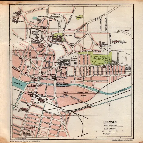 Lincoln City Centre Road Plan Vintage 1924 Map.
