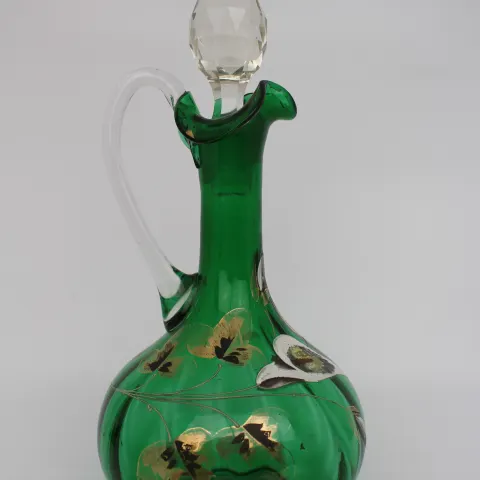 Antique Hand Painted Green Glass Claret Jug