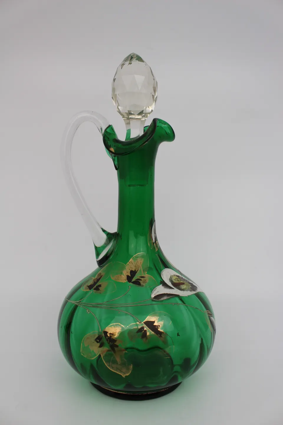 Antique Hand Painted Green Glass Claret Jug