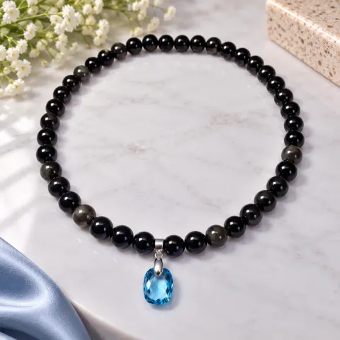 Black Bead Necklace with Natural Blue Topaz Pendant