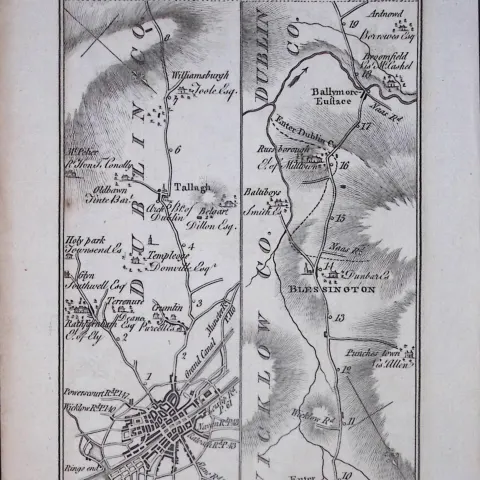 Ireland 245 Years -Old Antique Road Map Dublin,Tallaght,Blessington -138