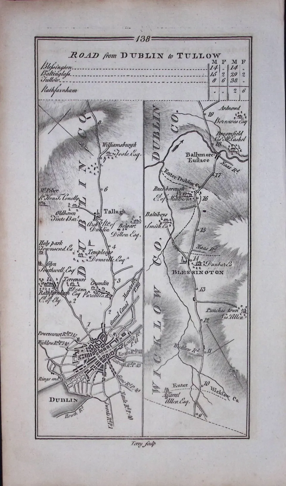 Ireland 245 Years -Old Antique Road Map Dublin,Tallaght,Blessington -138