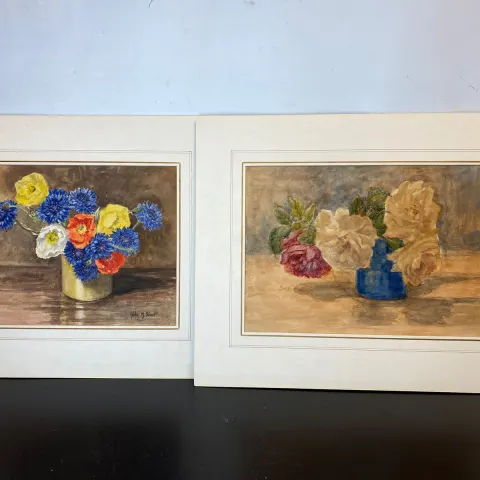 2 x Original Vintage Watercolour Painting Still Life Flowers - Hilda Short 1928