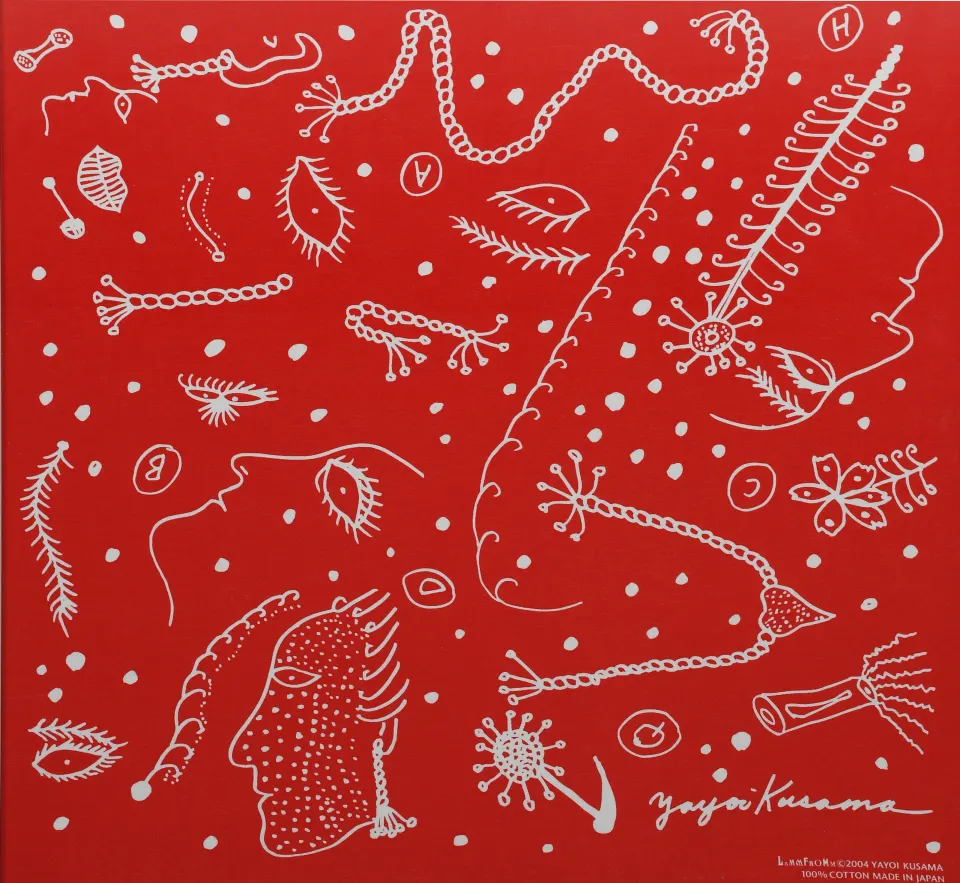 Yayoi Kusama (b 1929) Untitled (Red Faces) Silk Screen Printed, Red and White On Cotton, Framed 2004