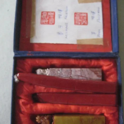 Vintage Chinese Carved Jade Stone Wax Seal and Candle Set, Cased