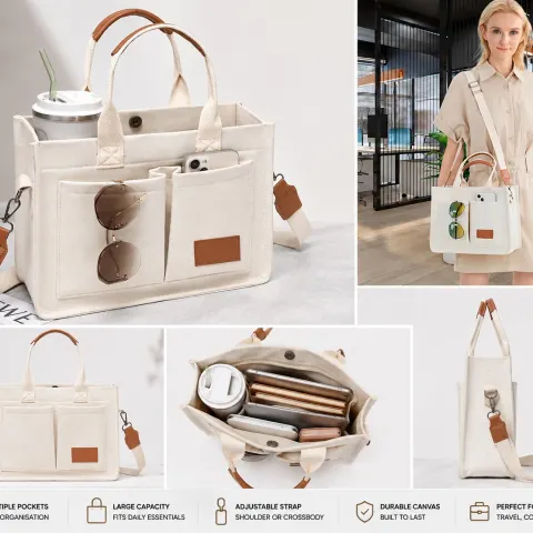 Women's Work Tote Bag – Cream Canvas Multi-Pocket Shoulder & Crossbody Bag (RRP £39.99)
