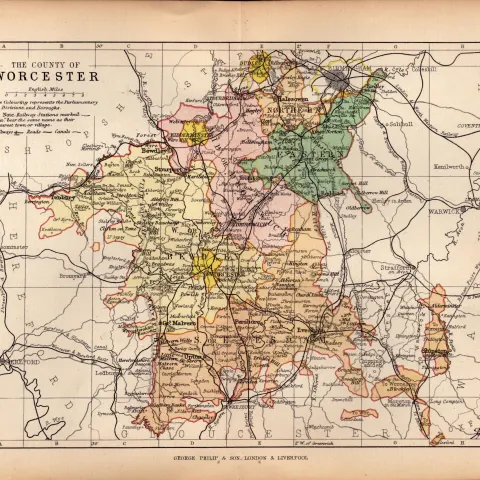County Worcester 1895 Antique Victorian Coloured Map.