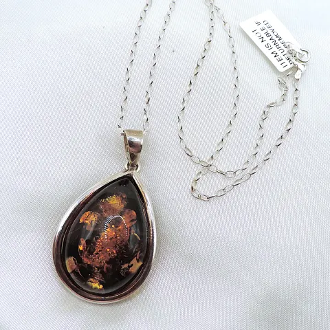 Sterling Silver Chunky Baltic Amber Pendant Necklace New With Gift Pouch