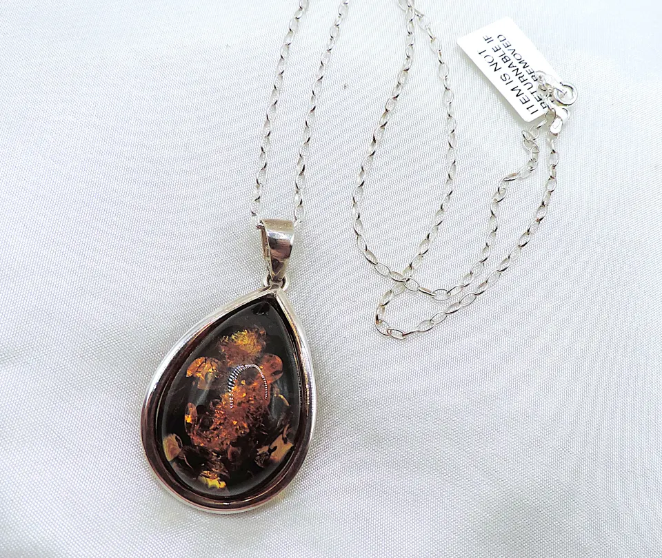 Sterling Silver Chunky Baltic Amber Pendant Necklace New With Gift Pouch