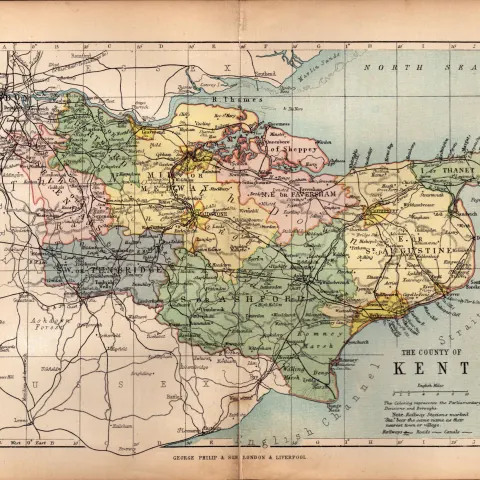 County Kent 1895 Antique Victorian Coloured Map.