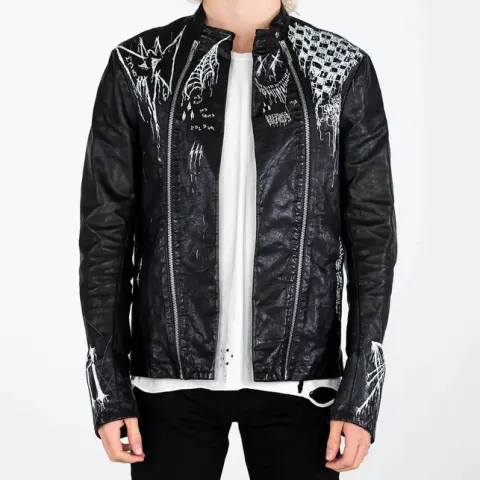 MJB Marc Jaques Burton Gothic Print Hand Painted Biker Jacket, Online Price £1250, Size M (48).