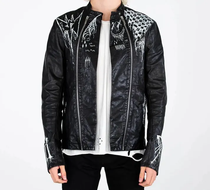 MJB Marc Jaques Burton Gothic Print Hand Painted Biker Jacket, Online Price £1250, Size M (48).