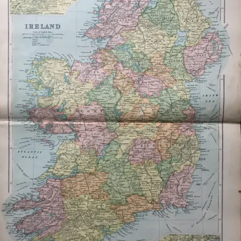 Rare  Coloured Antique Large Map Complete Map of Ireland 1904