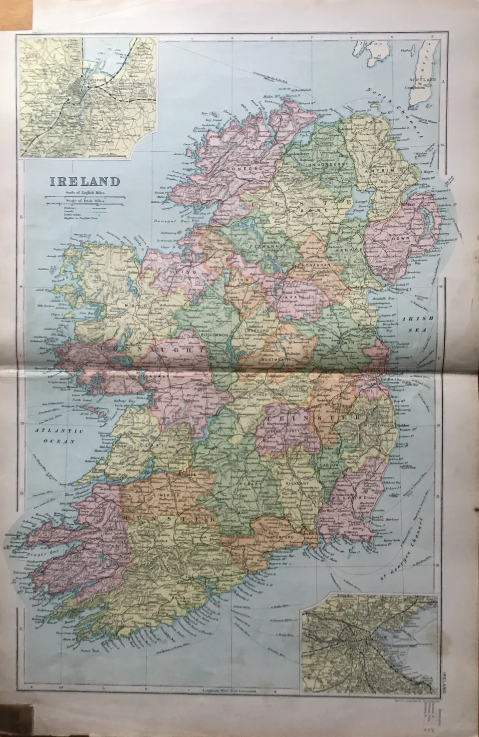 Rare  Coloured Antique Large Map Complete Map of Ireland 1904