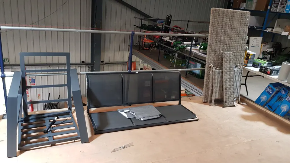 (201/Mez) 3x Items. 1x Rattan Table Rectangle (No Fixings). 1x Metal Hydraulic Chair Frame From The
