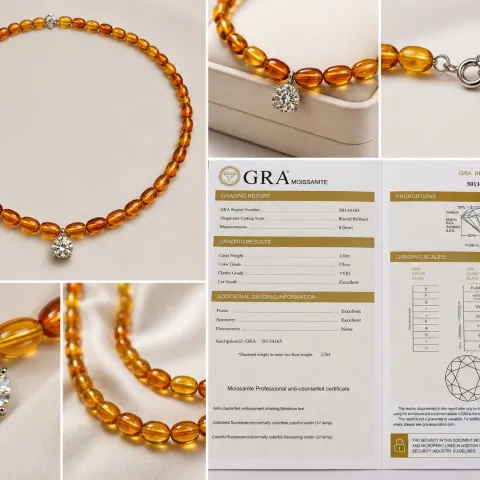 Amber Bead Necklace with 2ct Moissanite & GRA Certificate