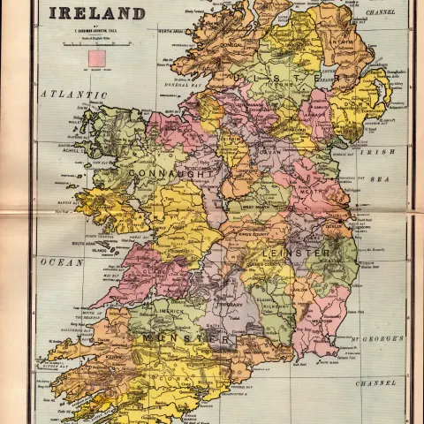 Ireland 32 Counties Antique Detailed Coloured Map.