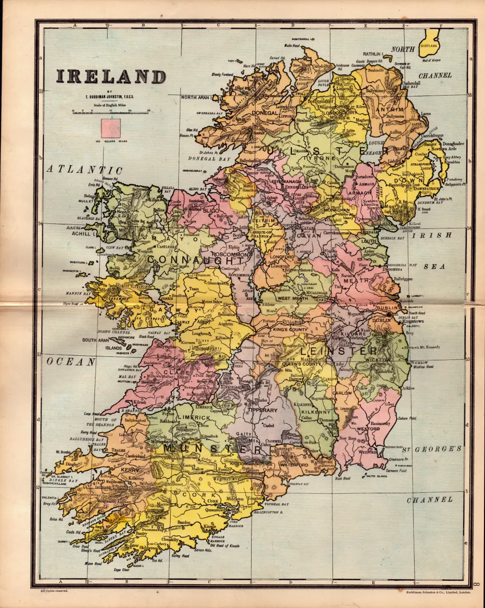 Ireland 32 Counties Antique Detailed Coloured Map.
