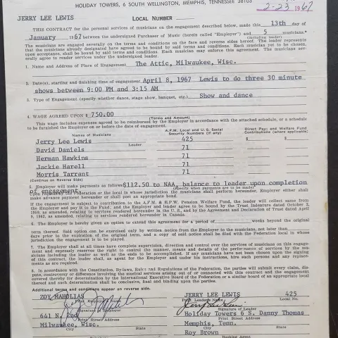 Gerry Lee Lewis Original Signed Contract