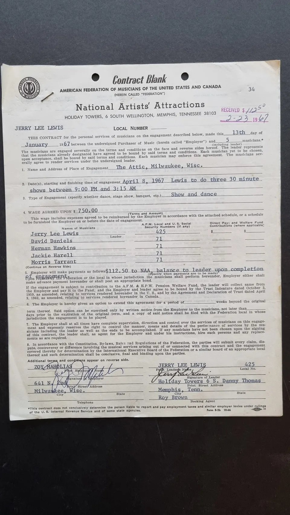 Gerry Lee Lewis Original Signed Contract