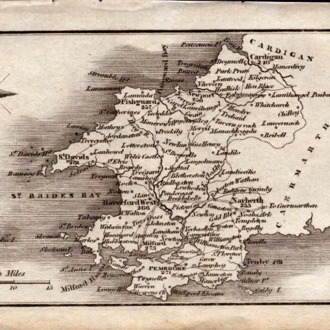 Wales Pembrokeshire Antique Copper Engraved Map by Sidney Hall.