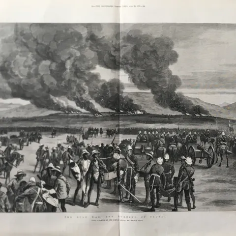Zulu War the Burning of Ulundl after the Battle  Antique 1879 Woodgrain Print.