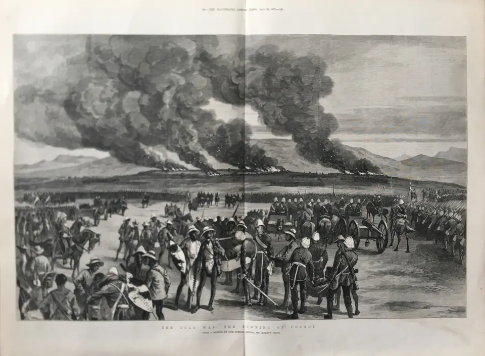 Zulu War the Burning of Ulundl after the Battle  Antique 1879 Woodgrain Print.